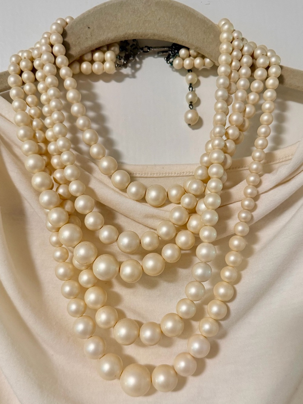 Ivory Faux Pearl Multi Strand Statement Necklace Filigree Clasp